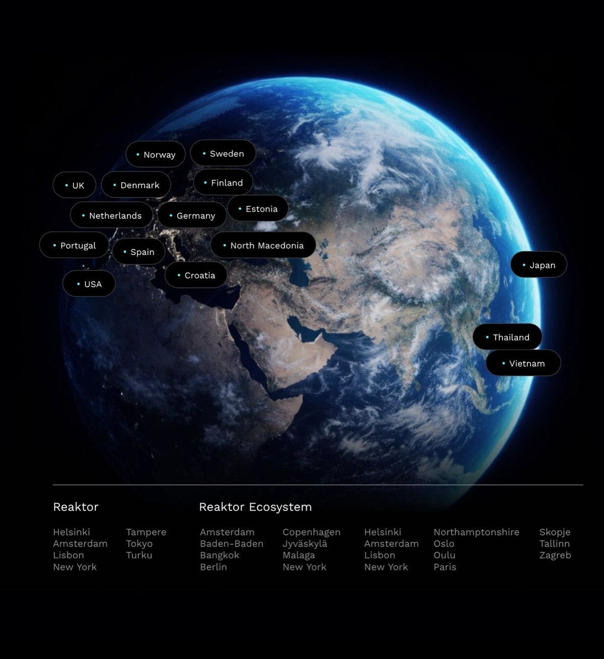 Map of Reaktor Ecosystem companies across 15 countries worldwide.